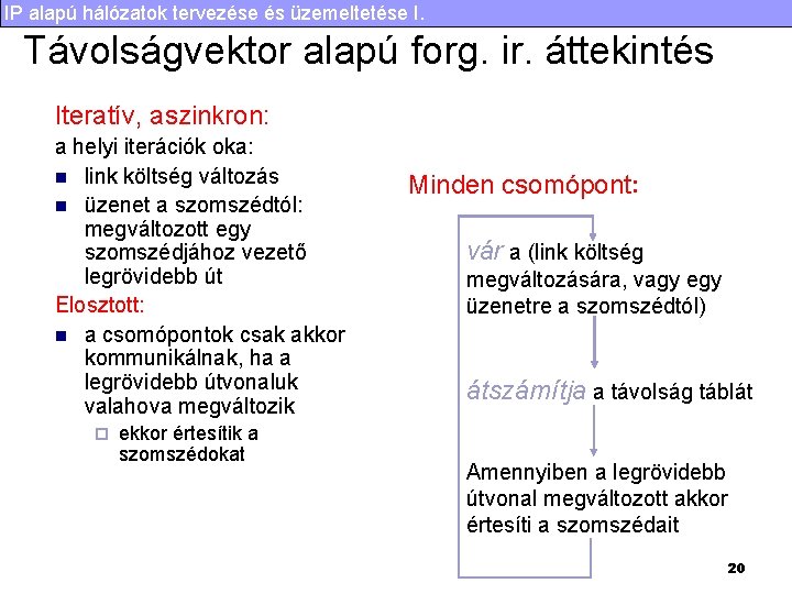 IP alapú hálózatok tervezése és üzemeltetése I. Távolságvektor alapú forg. ir. áttekintés Iteratív, aszinkron: