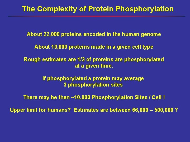 The Complexity of Protein Phosphorylation About 22, 000 proteins encoded in the human genome