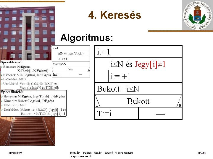 4. Keresés Algoritmus: i: =1 ELTE i N és Jegy[i] 1 i: =i+1 Bukott: