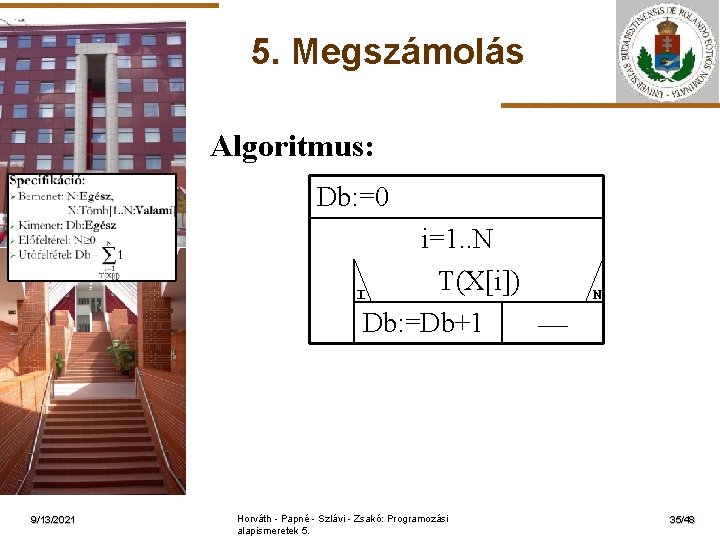 5. Megszámolás Algoritmus: Db: =0 ELTE I i=1. . N T(X[i]) Db: =Db+1 9/13/2021