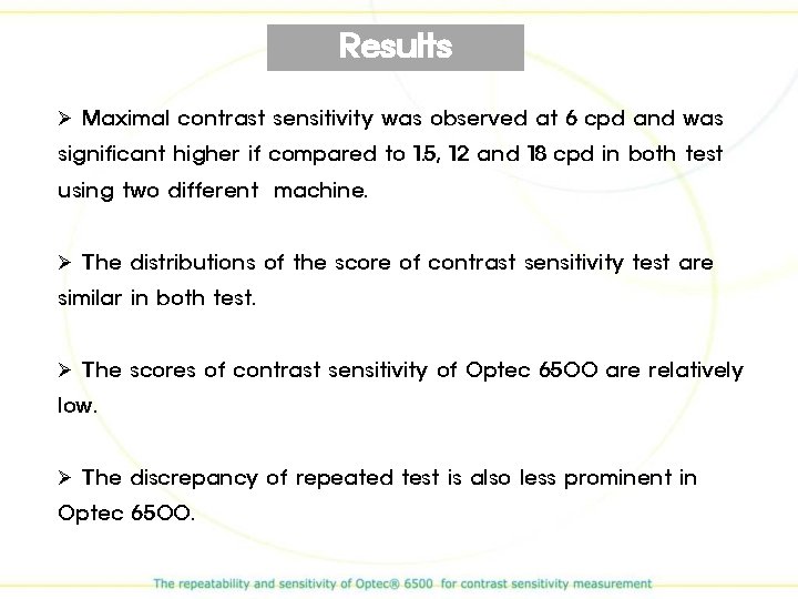 Results Ø Maximal contrast sensitivity was observed at 6 cpd and was significant higher