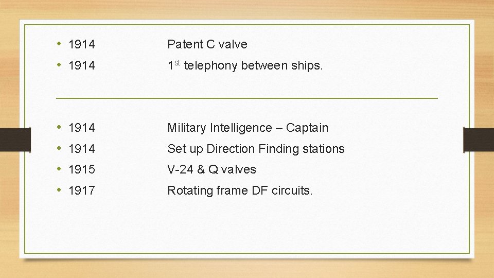  • 1914 Patent C valve • • 1914 Military Intelligence – Captain 1914
