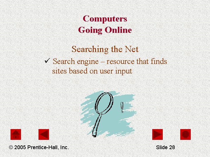 Computers Going Online Searching the Net ü Search engine – resource that finds sites