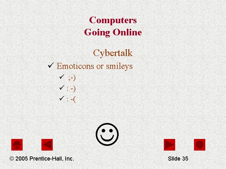 Computers Going Online Cybertalk ü Emoticons or smileys ü ; -) ü : -(