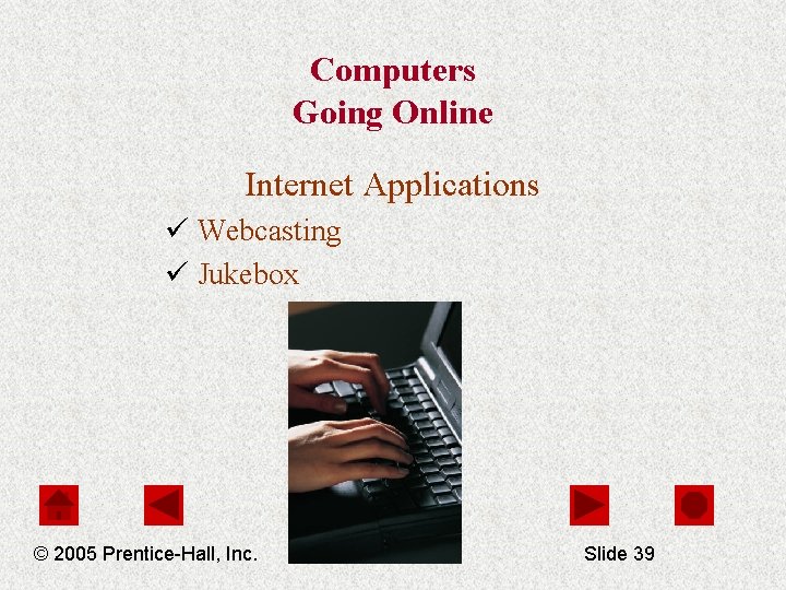 Computers Going Online Internet Applications ü Webcasting ü Jukebox © 2005 Prentice-Hall, Inc. Slide