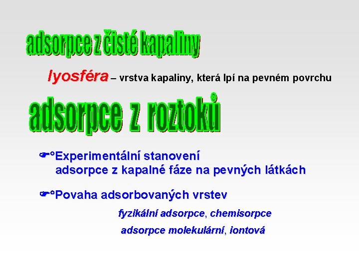 lyosféra – vrstva kapaliny, která lpí na pevném povrchu Experimentální stanovení adsorpce z kapalné