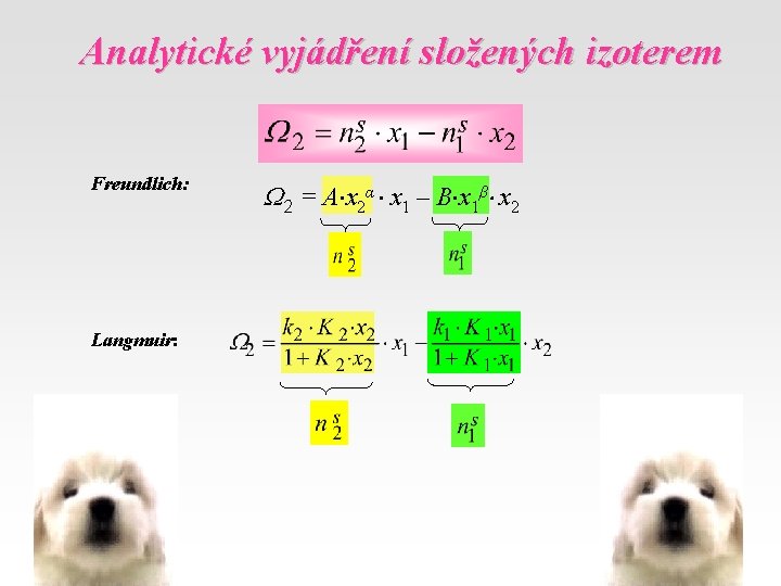 Analytické vyjádření složených izoterem Freundlich: Langmuir: 2 = A x 2α x 1 –