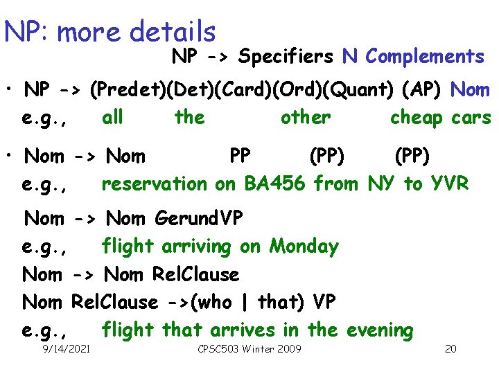 NP: more details NP -> Specifiers N Complements • NP -> (Predet)(Det)(Card)(Ord)(Quant) (AP) Nom