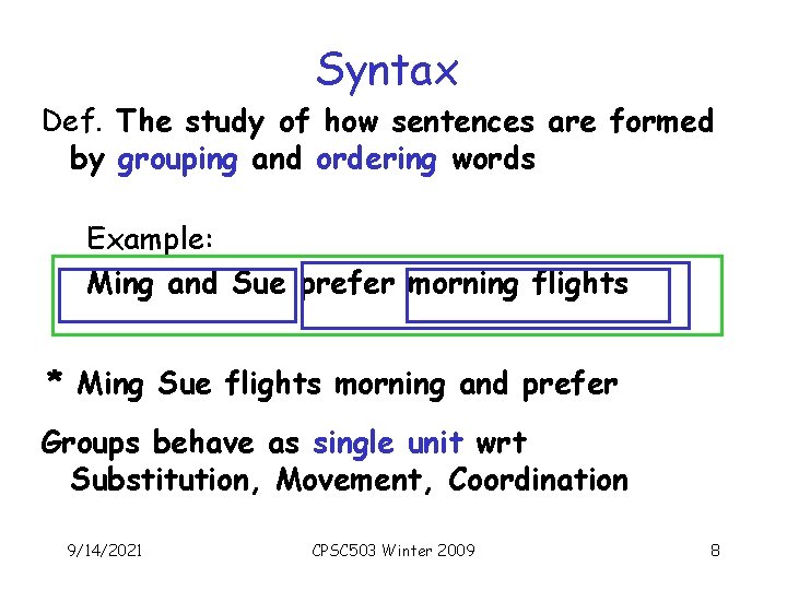 Syntax Def. The study of how sentences are formed by grouping and ordering words