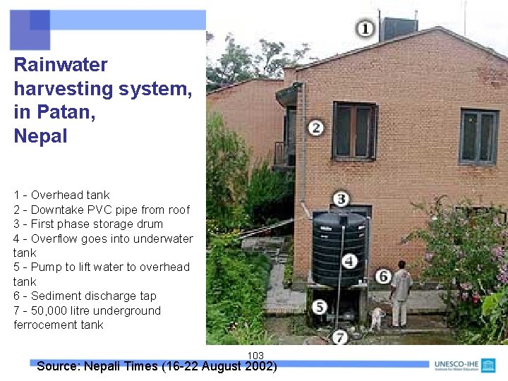 Rainwater harvesting system, in Patan, Nepal 1 - Overhead tank 2 - Downtake PVC