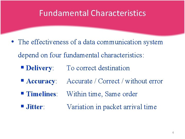 Fundamental Characteristics • The effectiveness of a data communication system depend on four fundamental Fundamental Characteristics • The effectiveness of a data communication system depend on four fundamental