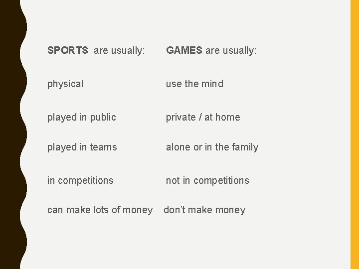 SPORTS are usually: GAMES are usually: physical use the mind played in public private