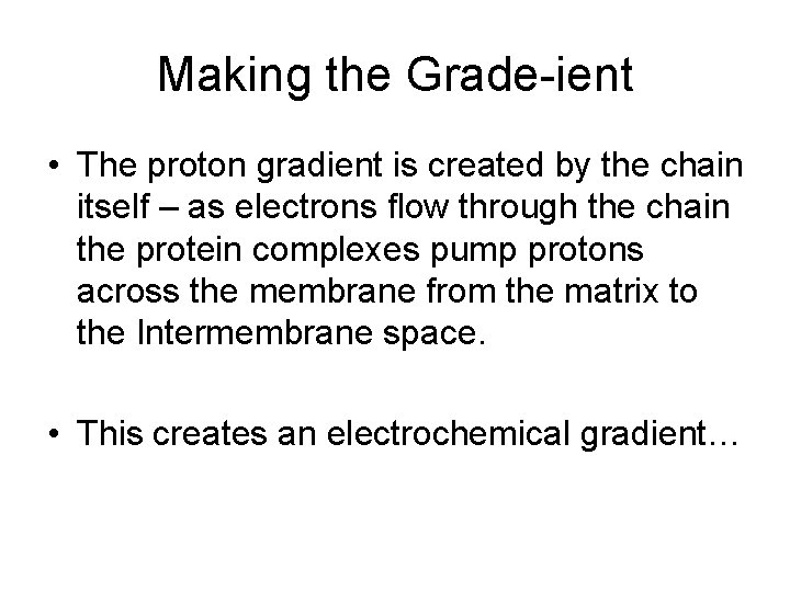 Making the Grade-ient • The proton gradient is created by the chain itself –