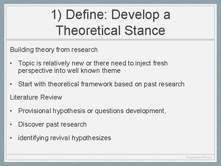 1) Define: Develop a Theoretical Stance Building theory from research • Topic is relatively