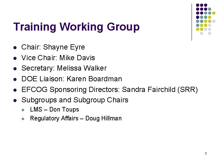 Training Working Group l l l Chair: Shayne Eyre Vice Chair: Mike Davis Secretary: