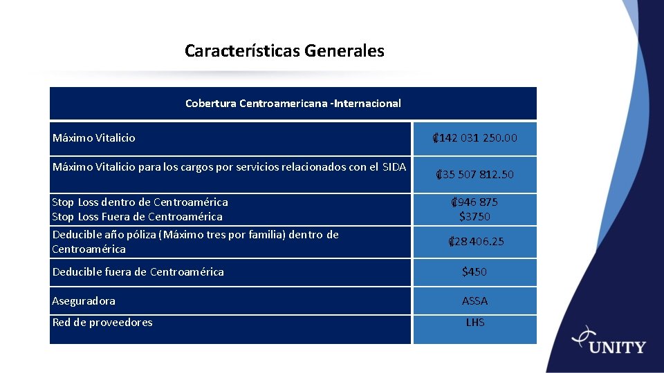 Características Generales Cobertura Centroamericana -Internacional Máximo Vitalicio para los cargos por servicios relacionados con