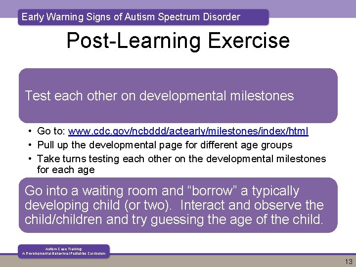 Early Warning Signs of Autism Spectrum Disorder Post-Learning Exercise Test each other on developmental