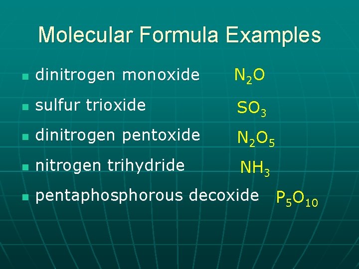 Molecular Formula Examples n dinitrogen monoxide N 2 O n sulfur trioxide SO 3