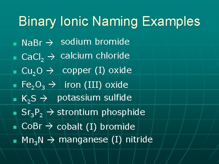 Binary Ionic Naming Examples n Na. Br sodium bromide Ca. Cl 2 calcium chloride
