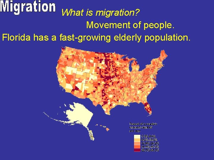 What is migration? Movement of people. Florida has a fast-growing elderly population. What is migration? Movement of people. Florida has a fast-growing elderly population.