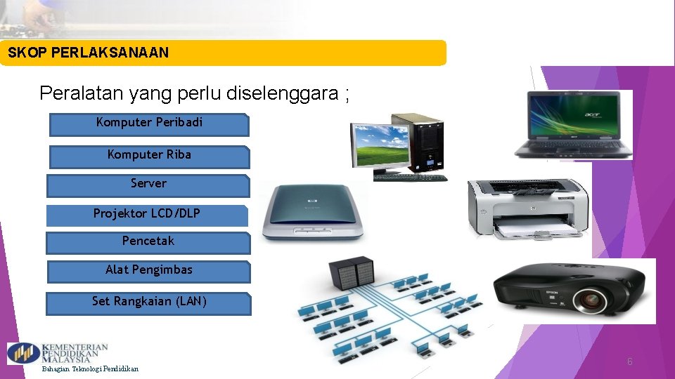 SKOP PERLAKSANAAN Peralatan yang perlu diselenggara ; Komputer Peribadi Komputer Riba Server Projektor LCD/DLP