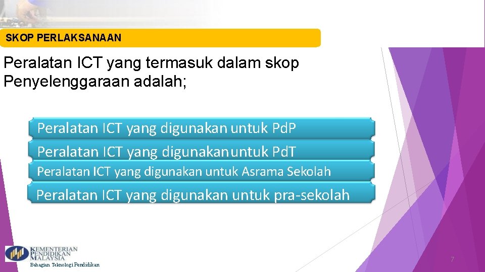 SKOP PERLAKSANAAN Peralatan ICT yang termasuk dalam skop Penyelenggaraan adalah; Peralatan ICT yang digunakan