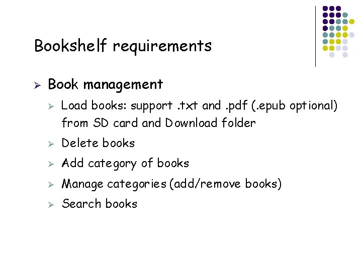 Bookshelf requirements Ø Book management Ø 28 Load books: support. txt and. pdf (.