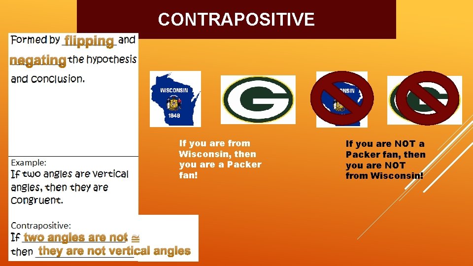 CONTRAPOSITIVE flipping negating If you are from Wisconsin, then you are a Packer fan!