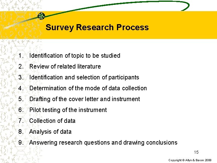 Survey Research Process 1. Identification of topic to be studied 2. Review of related