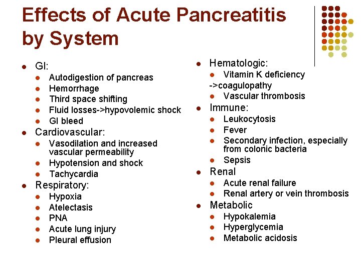 Effects of Acute Pancreatitis by System l l l l Autodigestion of pancreas Hemorrhage Effects of Acute Pancreatitis by System l l l l Autodigestion of pancreas Hemorrhage