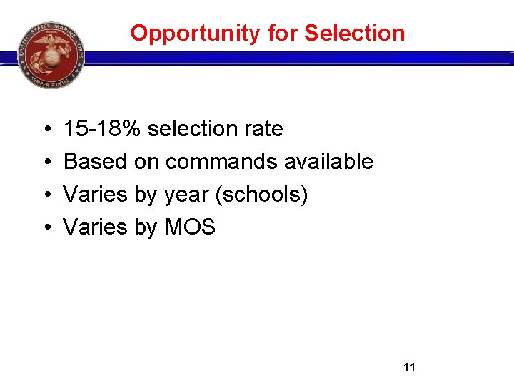 Opportunity for Selection • • 15 -18% selection rate Based on commands available Varies