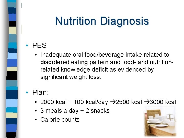 Nutrition Diagnosis • PES • Inadequate oral food/beverage intake related to disordered eating pattern