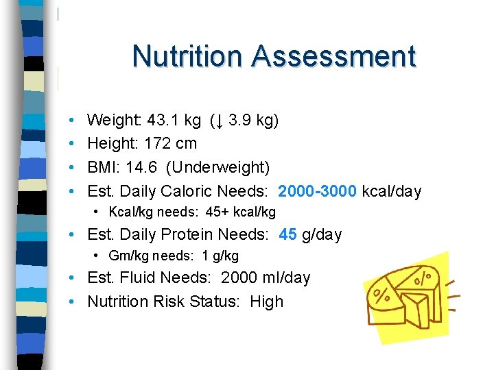 Nutrition Assessment • • Weight: 43. 1 kg (↓ 3. 9 kg) Height: 172