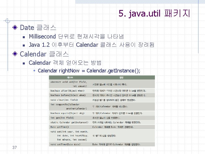 5. java. util 패키지 Date 클래스 n n Millisecond 단위로 현재시각을 나타냄 Java 1.