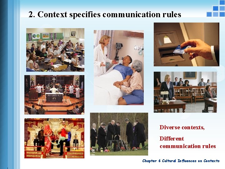 2. Context specifies communication rules Diverse contexts, Different communication rules Chapter 6 Cultural Influences