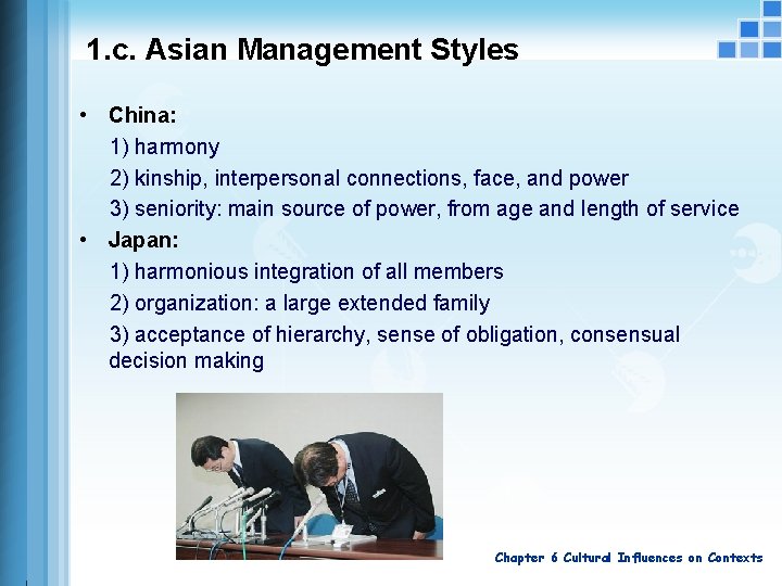 1. c. Asian Management Styles • China: 1) harmony 2) kinship, interpersonal connections, face,