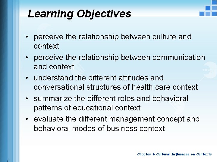 Learning Objectives • perceive the relationship between culture and context • perceive the relationship