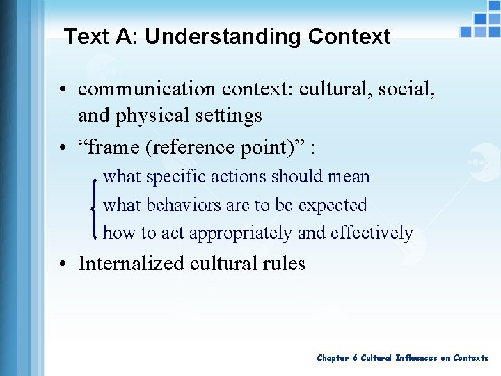 Text A: Understanding Context • communication context: cultural, social, and physical settings • “frame