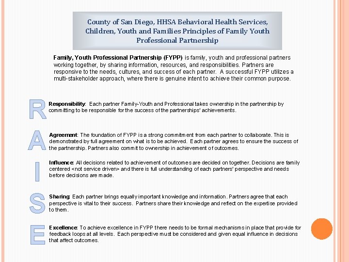 County of San Diego, HHSA Behavioral Health Services, Children, Youth and Families Principles of