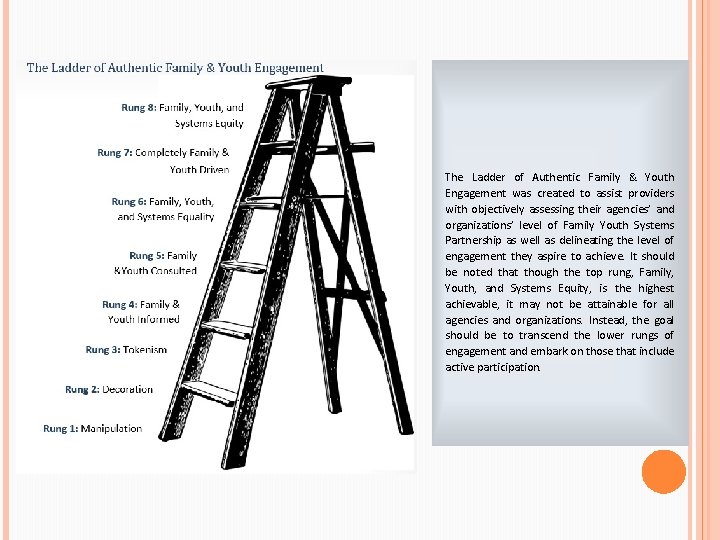 The Ladder of Authentic Family & Youth Engagement was created to assist providers with