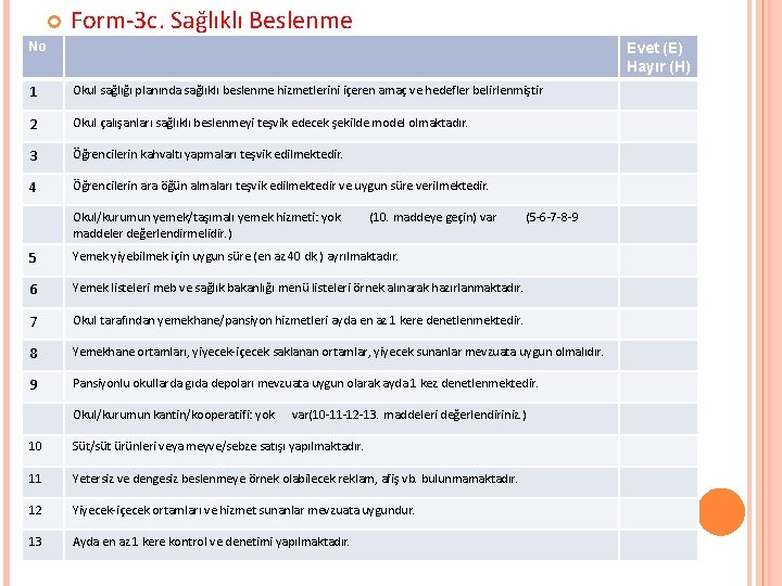  Form-3 c. Sağlıklı Beslenme No Evet (E) Hayır (H) 1 Okul sağlığı planında