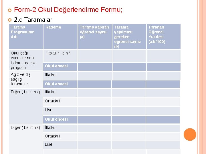 Form-2 Okul Değerlendirme Formu; 2. d Taramalar Tarama Programının Adı Kademe Okul çağı çocuklarında