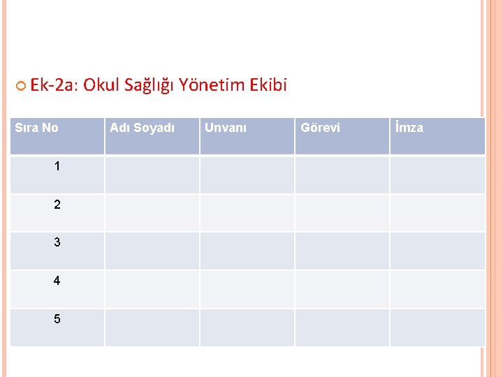  Ek-2 a: Sıra No 1 2 3 4 5 Okul Sağlığı Yönetim Ekibi