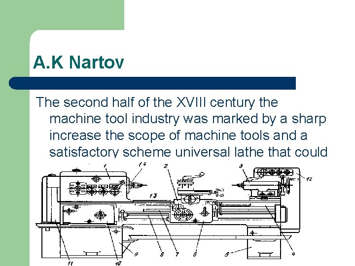 A. K Nartov The second half of the XVIII century the machine tool industry A. K Nartov The second half of the XVIII century the machine tool industry