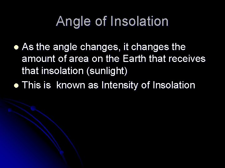 Angle of Insolation As the angle changes, it changes the amount of area on