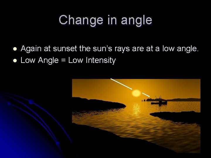 Change in angle l l Again at sunset the sun’s rays are at a