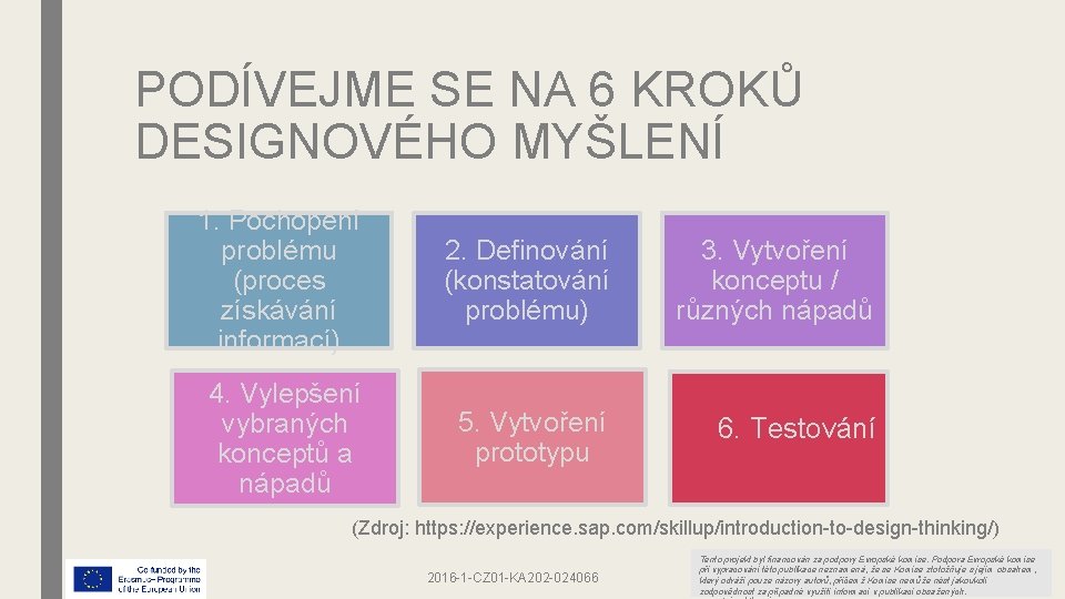 PODÍVEJME SE NA 6 KROKŮ DESIGNOVÉHO MYŠLENÍ 1. Pochopení problému (proces získávání informací) 2.