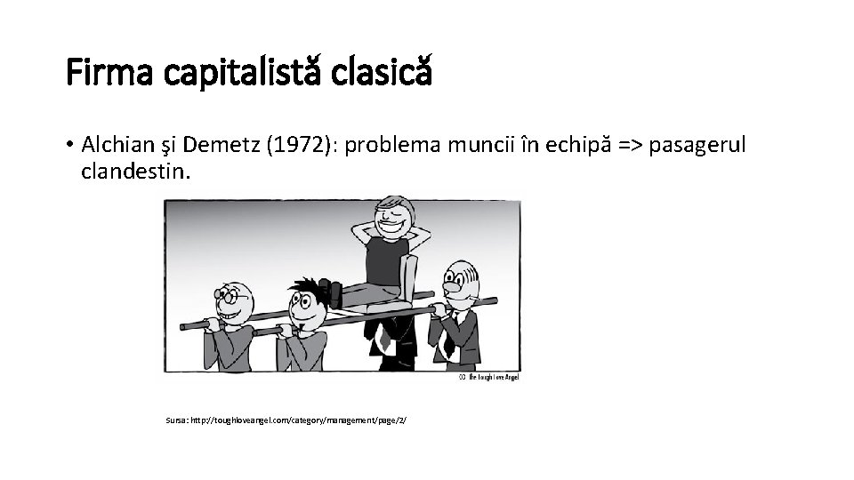 Firma capitalistă clasică • Alchian şi Demetz (1972): problema muncii în echipă => pasagerul