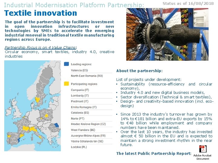 Industrial Modernisation Platform Partnership: Status as of 16/08/2018 Textile innovation The goal of the
