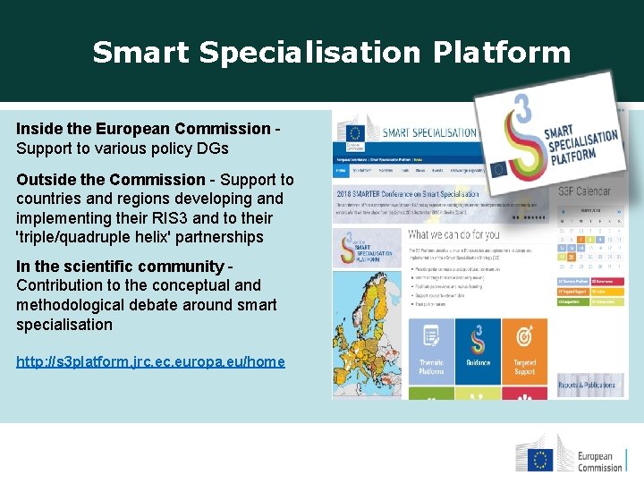 Smart Specialisation Platform Inside the European Commission Support to various policy DGs Outside the